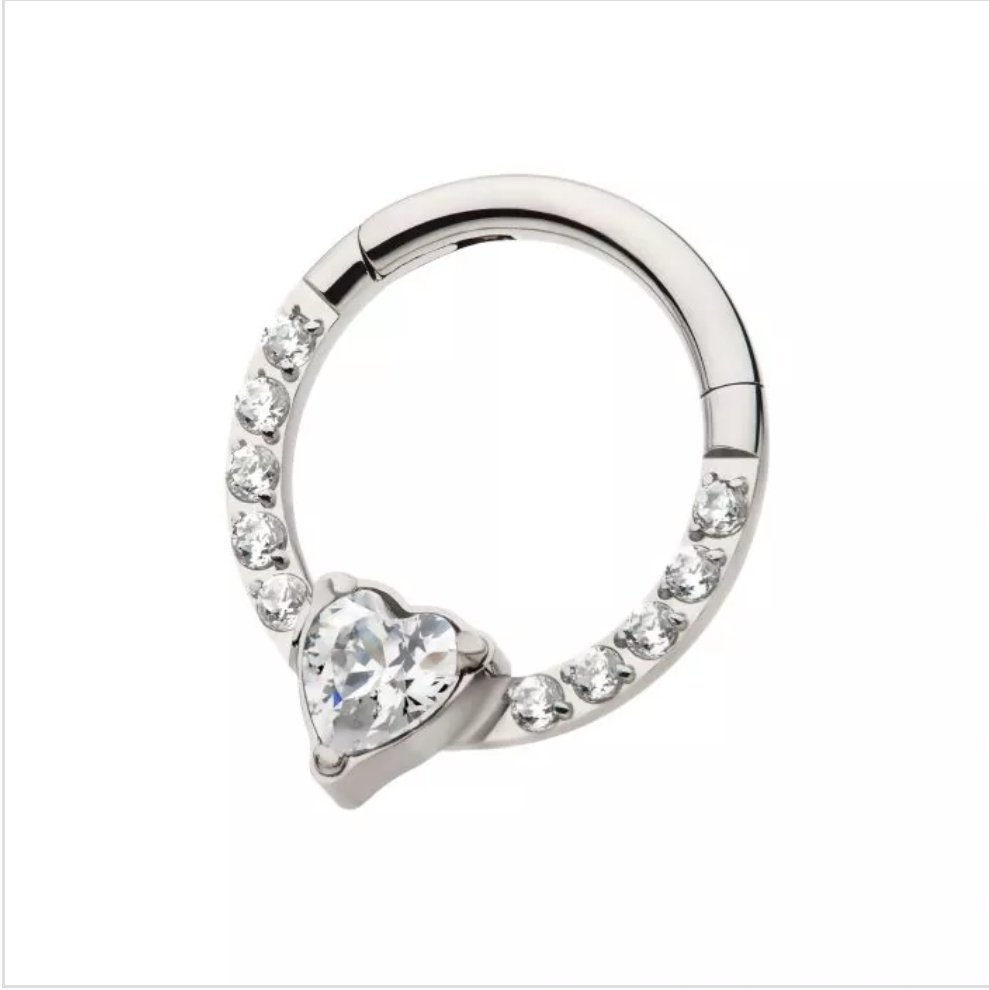 Titanium with 1mm CNC Set Full Clear CZ &amp; Big Heart CZ Front Facing Hinged Segment Clicker