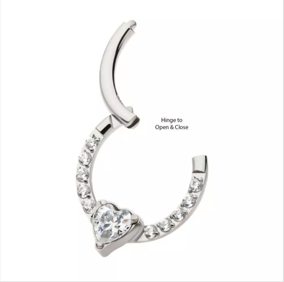 Titanium with 1mm CNC Set Full Clear CZ &amp; Big Heart CZ Front Facing Hinged Segment Clicker