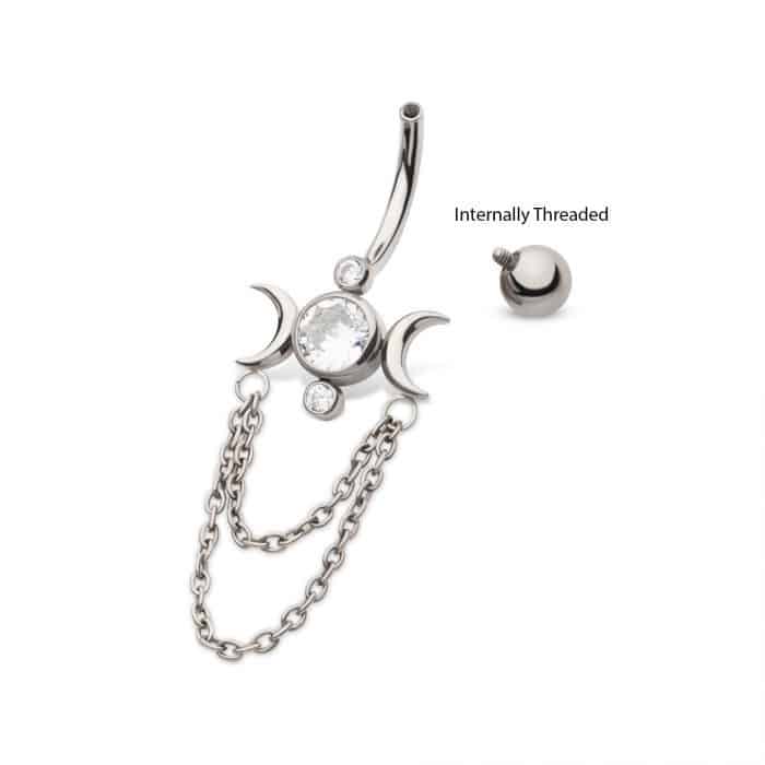 Titanium Internally Threaded Bezel Round CZ Triple Moon Phase Navel with 2 Tier Dangle Chain