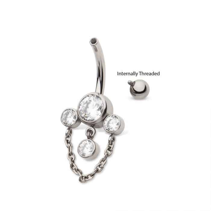 Titanium Internally Threaded 3-Cluster Bezel Round CZ Navel with Chain &amp; Gem Dangles