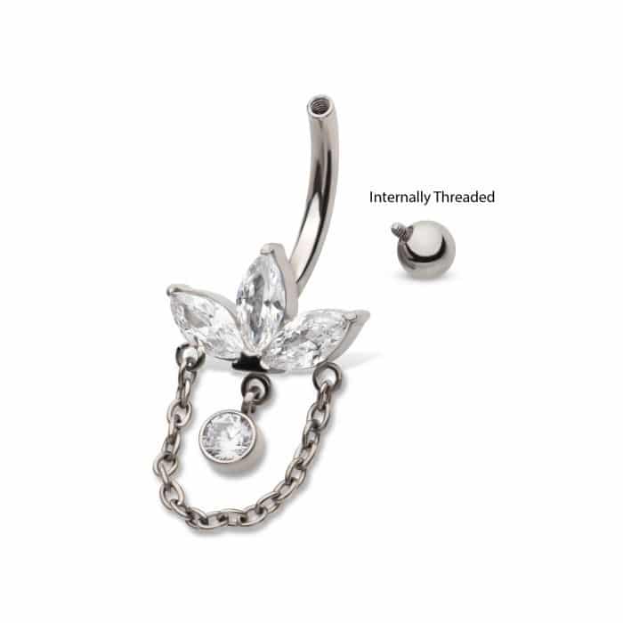 Titanium Internally Threaded 3-Cluster Pronged Marquise CZ Navel with Chain &amp; Gem Dangles