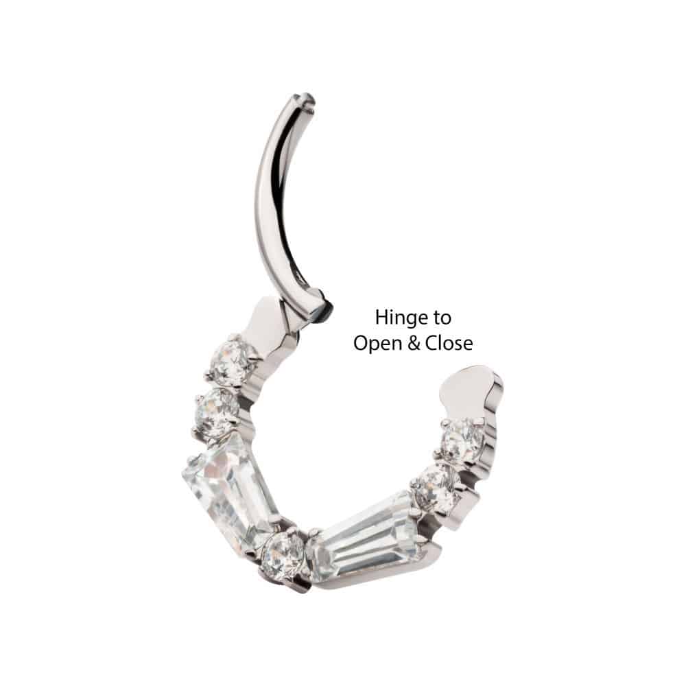 Titanium Clustered Prong Set Baguette &amp; Round CZ Front Facing Hinged Segment Clicker
