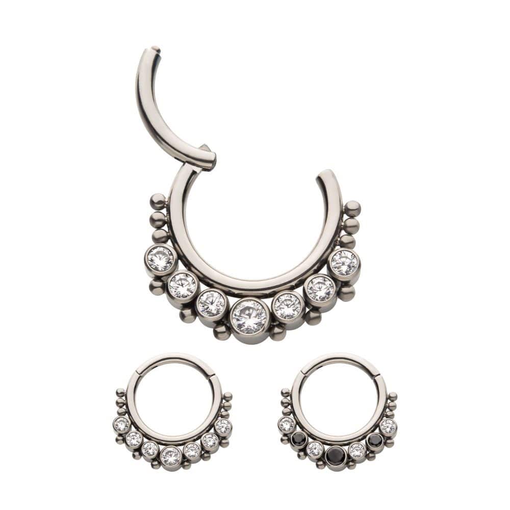 Titanium with 7 Cluster Bezel Set CZ &amp; Beads Front Facing Hinged Segment Clicker