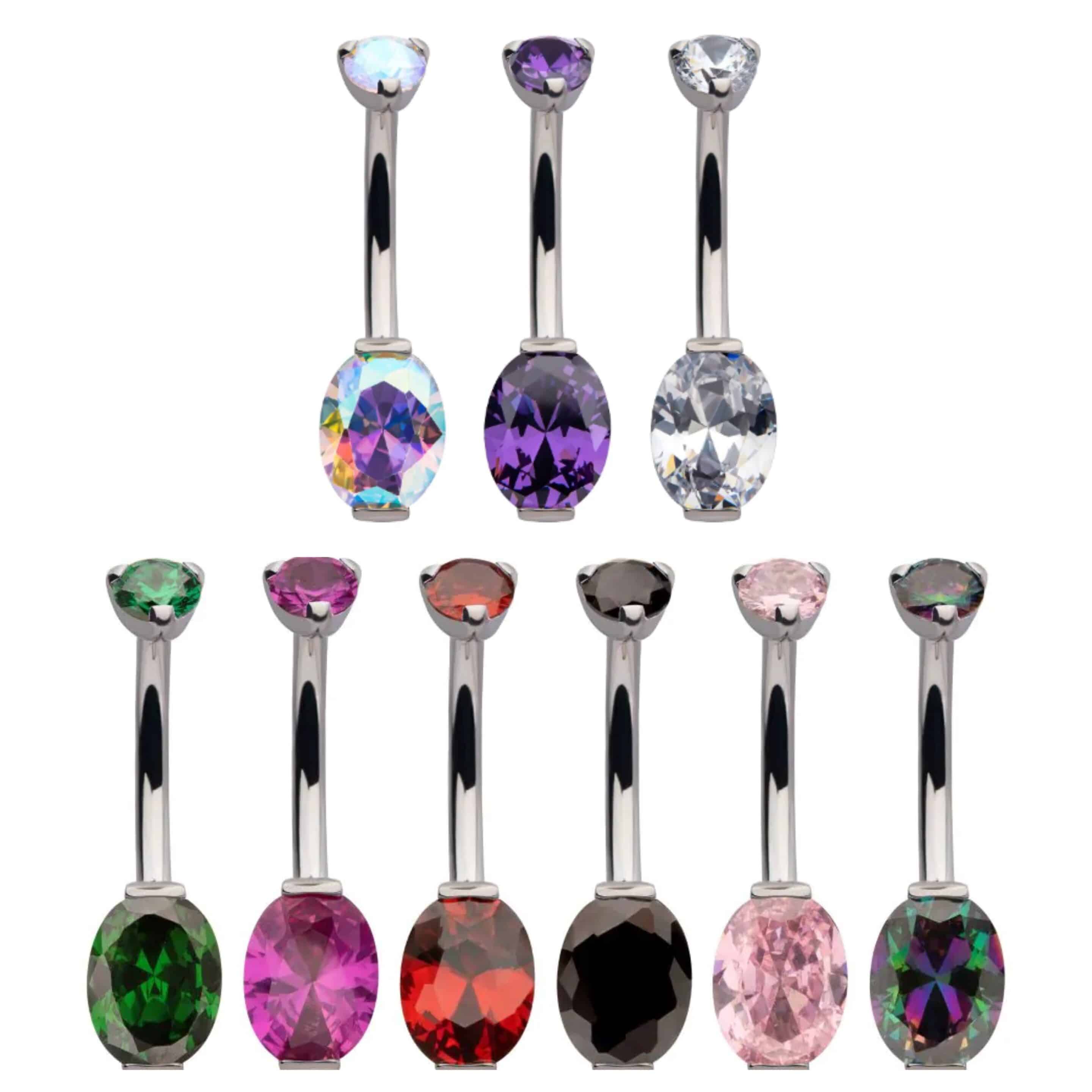 Titanium Internally Threaded Round CZ Top with Oval CZ Fixed Bottom Navel