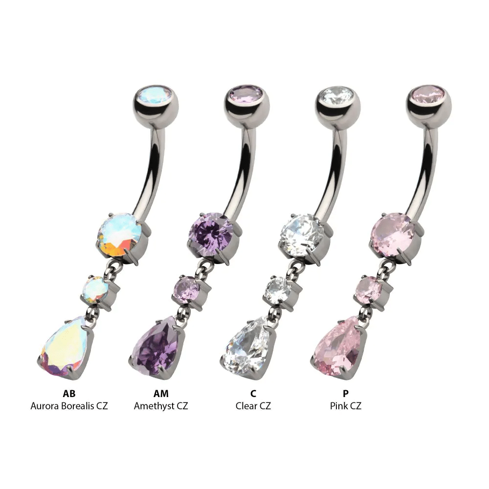 Titanium Internally Threaded Bezel Set Top with 4 Prong Set Round &amp; Teardrop CZ Dangle Navel Ring