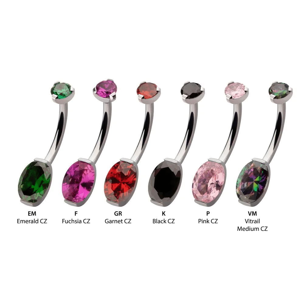 Titanium Internally Threaded Round CZ Top with Oval CZ Fixed Bottom Navel