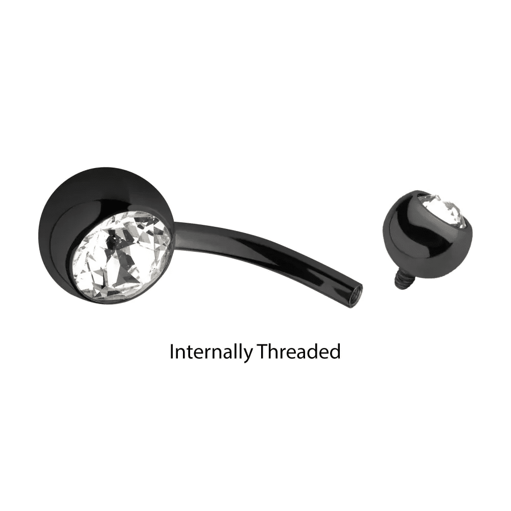 Black PVD Titanium Internally Threaded Bezel Set Double CZ Fixed Bottom Navel Ring