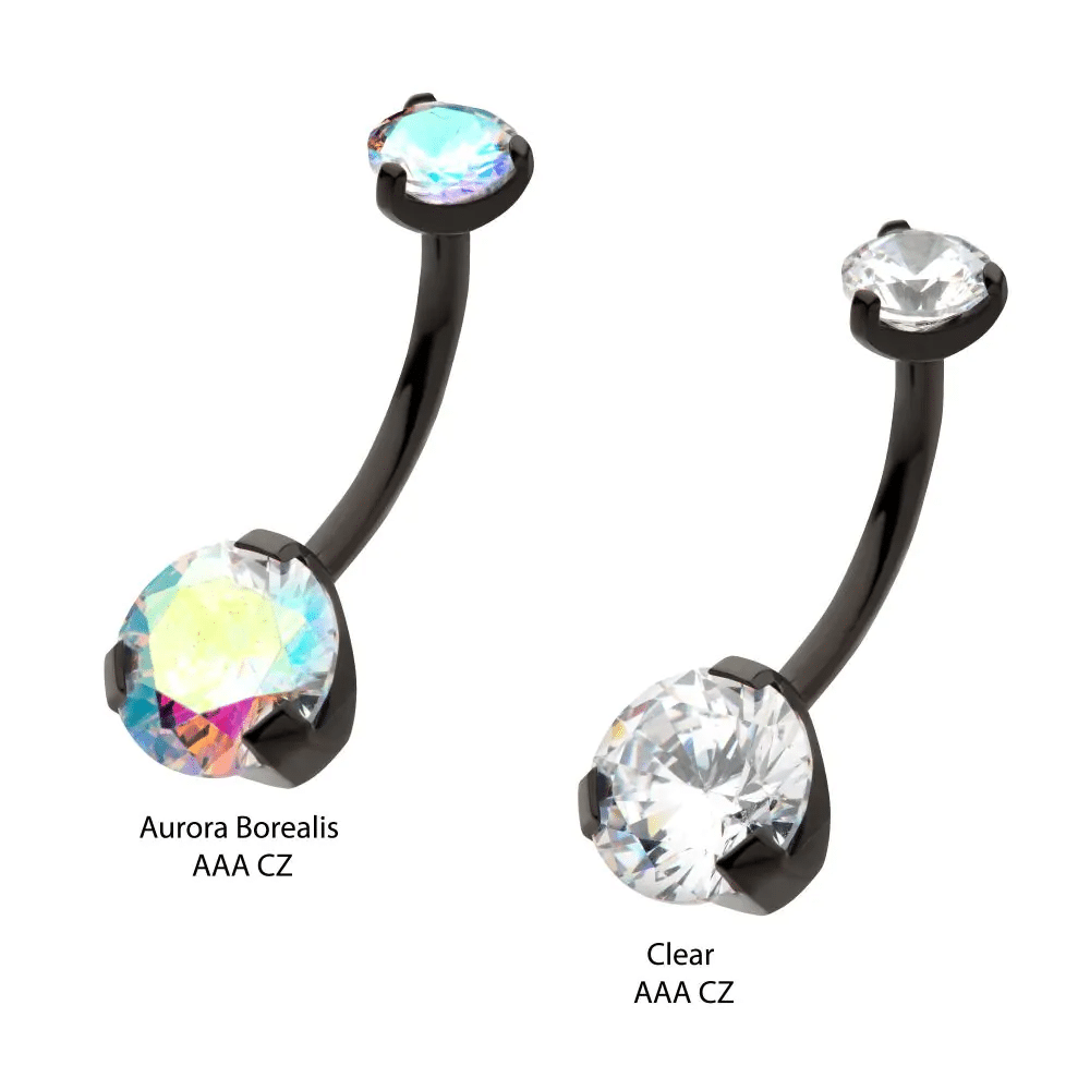 Black PVD Titanium Internally Threaded Prong Set Double CZ Fixed Bottom Navel Ring