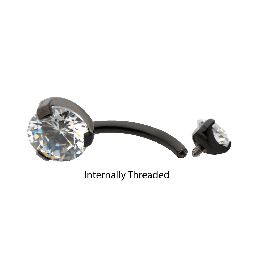 Black PVD Titanium Internally Threaded Prong Set Double CZ Fixed Bottom Navel Ring