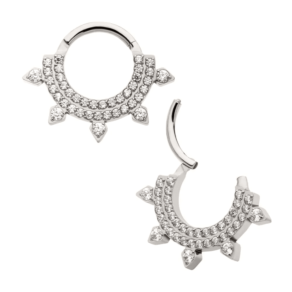 Titanium Double Row CNC Set Round CZ with 5 Round CZ Spike Edge Front Facing Hinged Segment Clicker