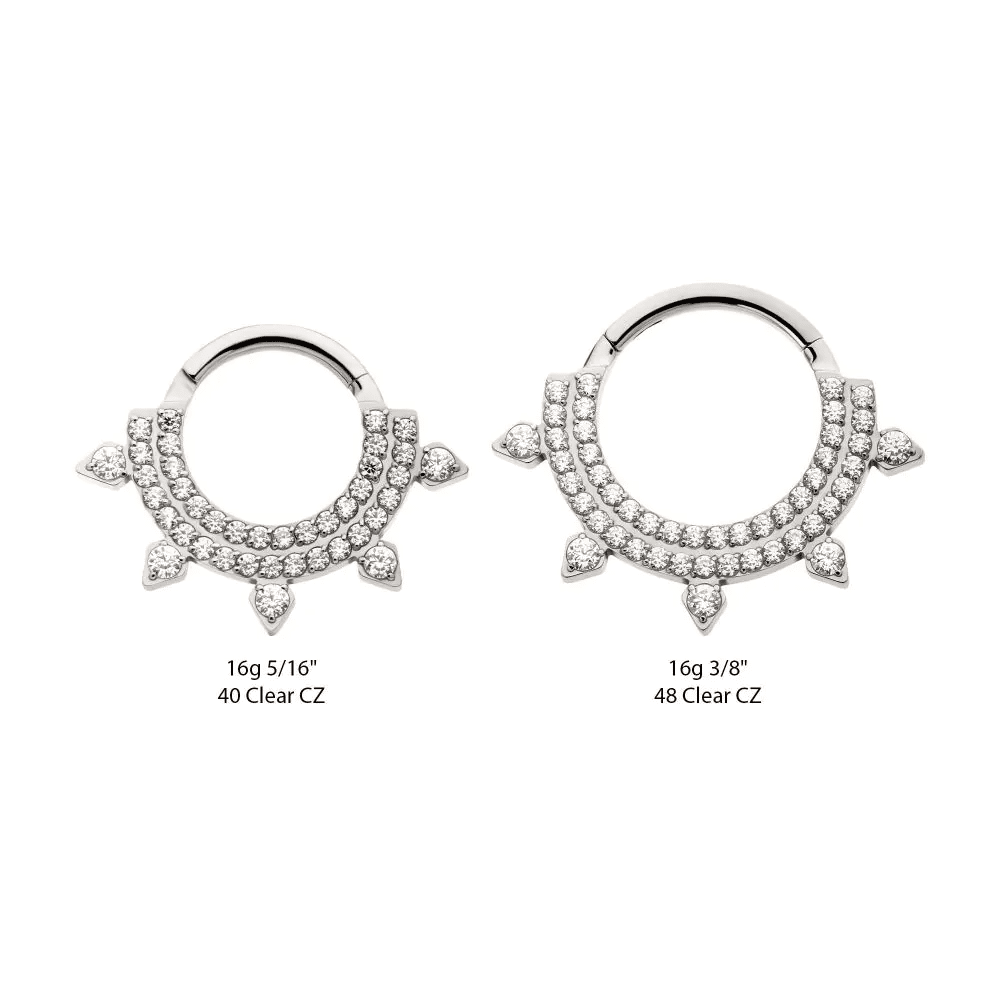 Titanium Double Row CNC Set Round CZ with 5 Round CZ Spike Edge Front Facing Hinged Segment Clicker