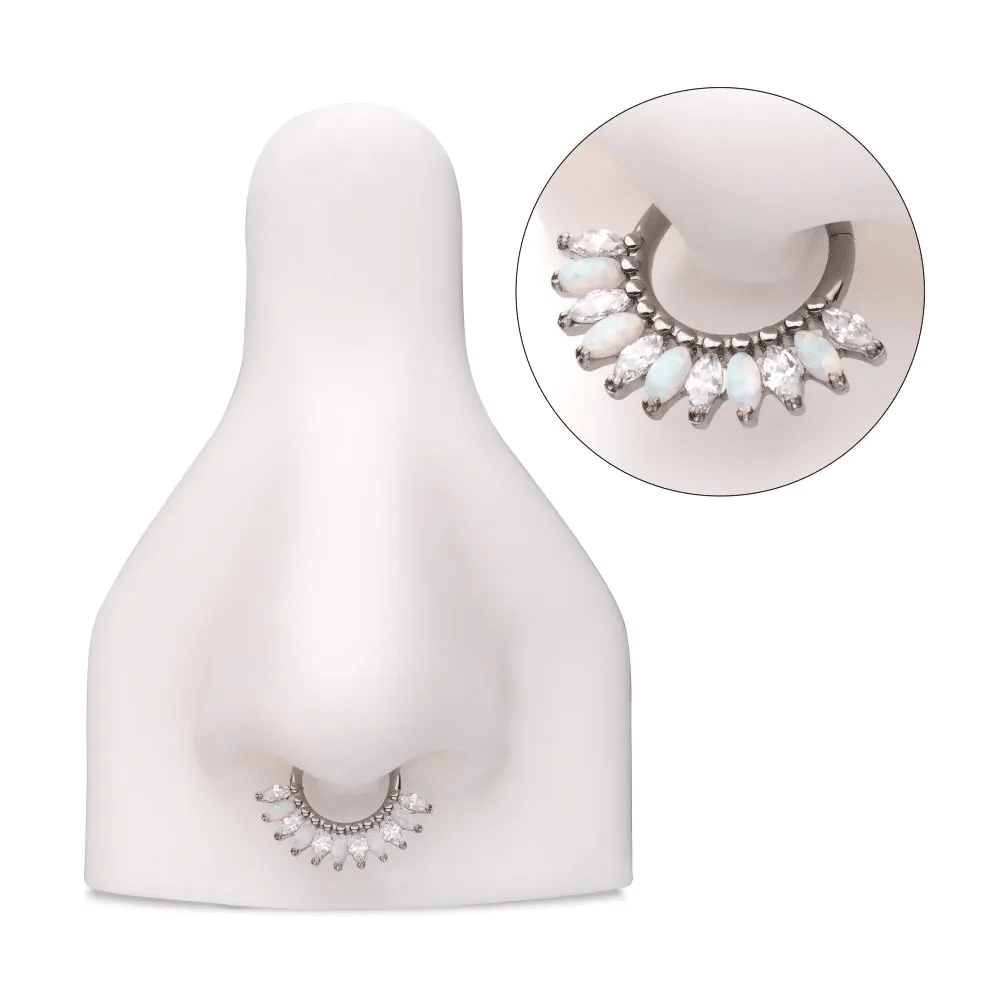 Titanium Prong Set Marquise Gem & Opal Cluster Fan Front Facing Hinged Segment Clicker