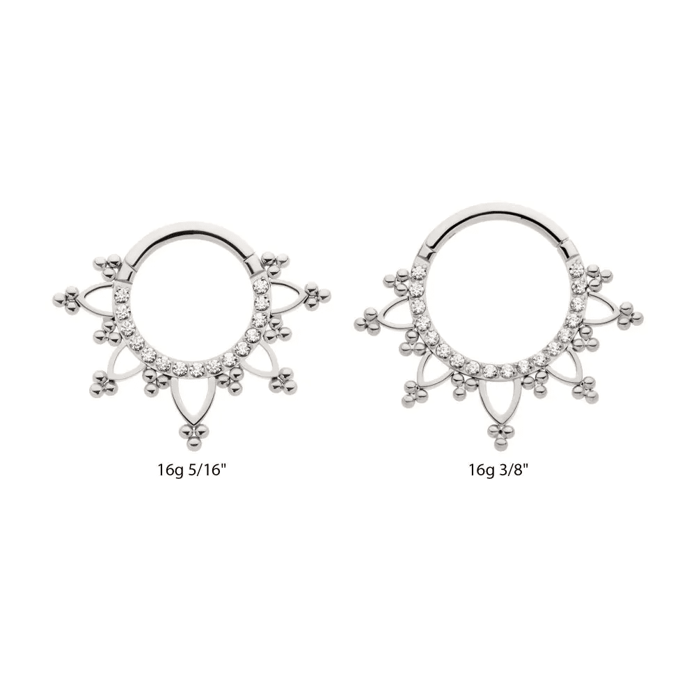 Titanium Pave Set Round CZ with Tri Beads Front Facing Hinged Segment Clicker