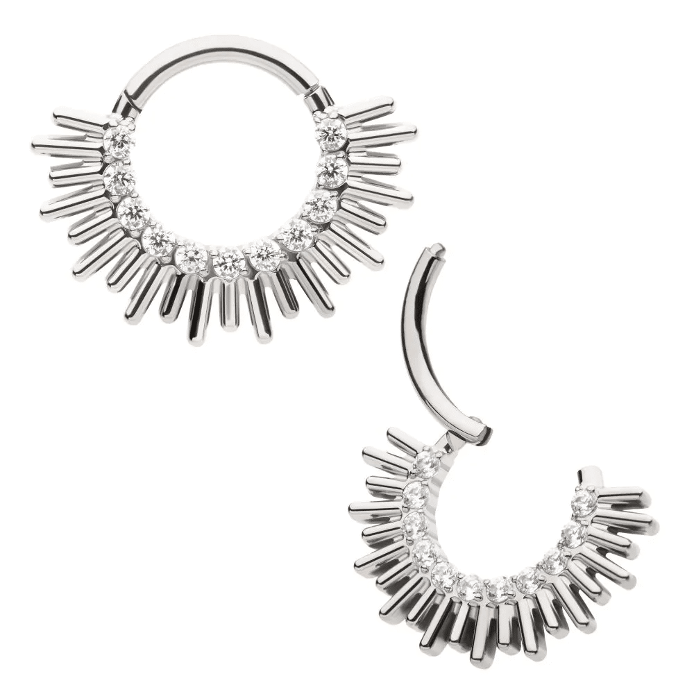 Titanium Pronged Round CZ Sun Rays Cluster Front Facing Hinged Segment Clicker