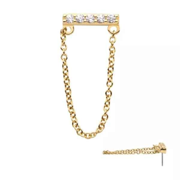 14Kt Yellow Gold Threadless with 5-Prong Set CZ Bar Top with Dangling Chain