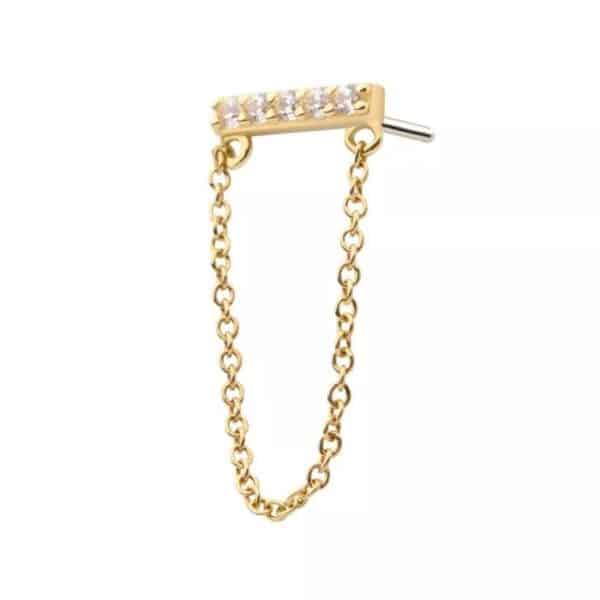 14Kt Yellow Gold Threadless with 5-Prong Set CZ Bar Top with Dangling Chain - Bild 2