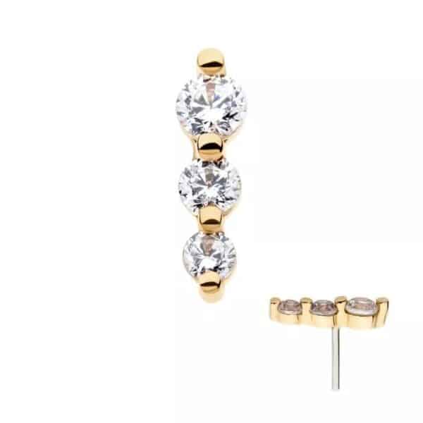 14Kt Yellow Gold Threadless with Prong Set Round CZ 3-Cluster Top